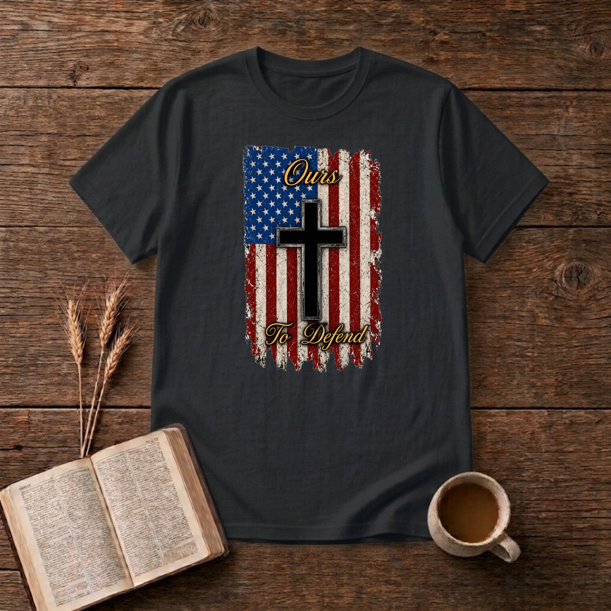 Ours To Defend Distressed Red, White and Blue American Flag Black Cross T-Shirt, Black, Lantrum