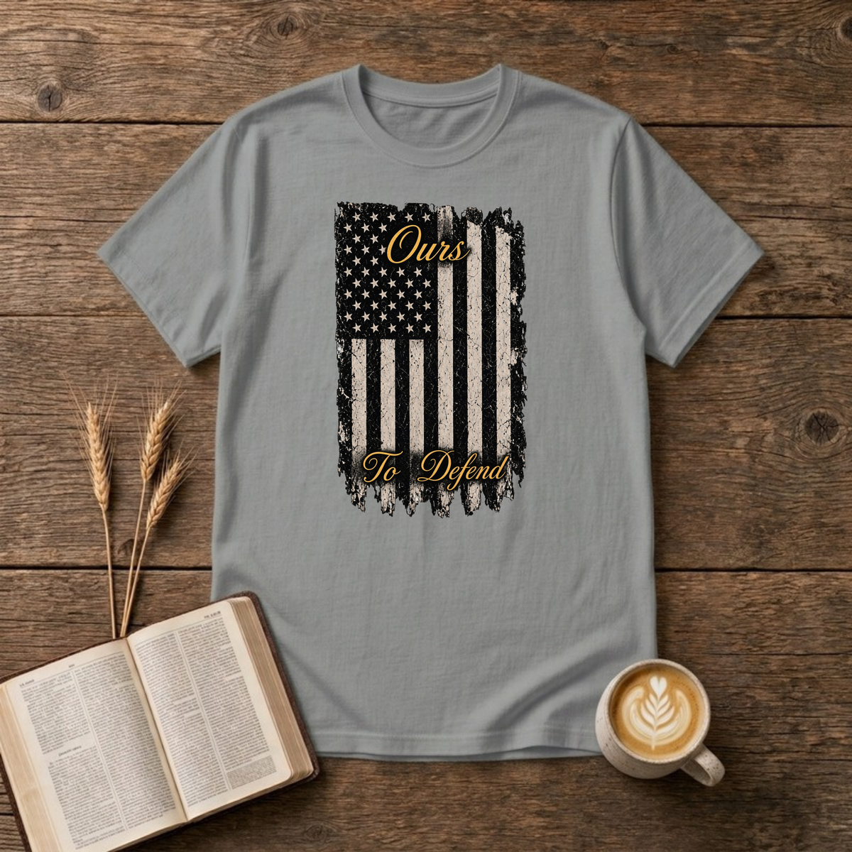 Ours To Defend distressed American flag design on a Sport Grey unisex T-Shirt