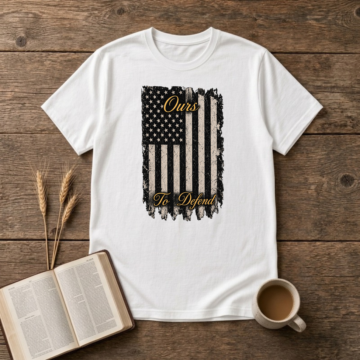 Ours To Defend distressed American flag design on a White unisex T-Shirt