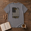 Ours To Defend distressed American flag design on a Charcoal unisex T-Shirt