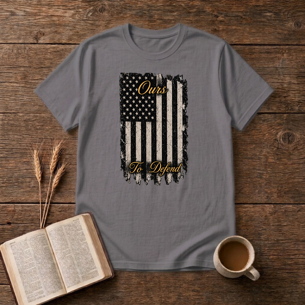 Ours To Defend distressed American flag design on a Charcoal unisex T-Shirt