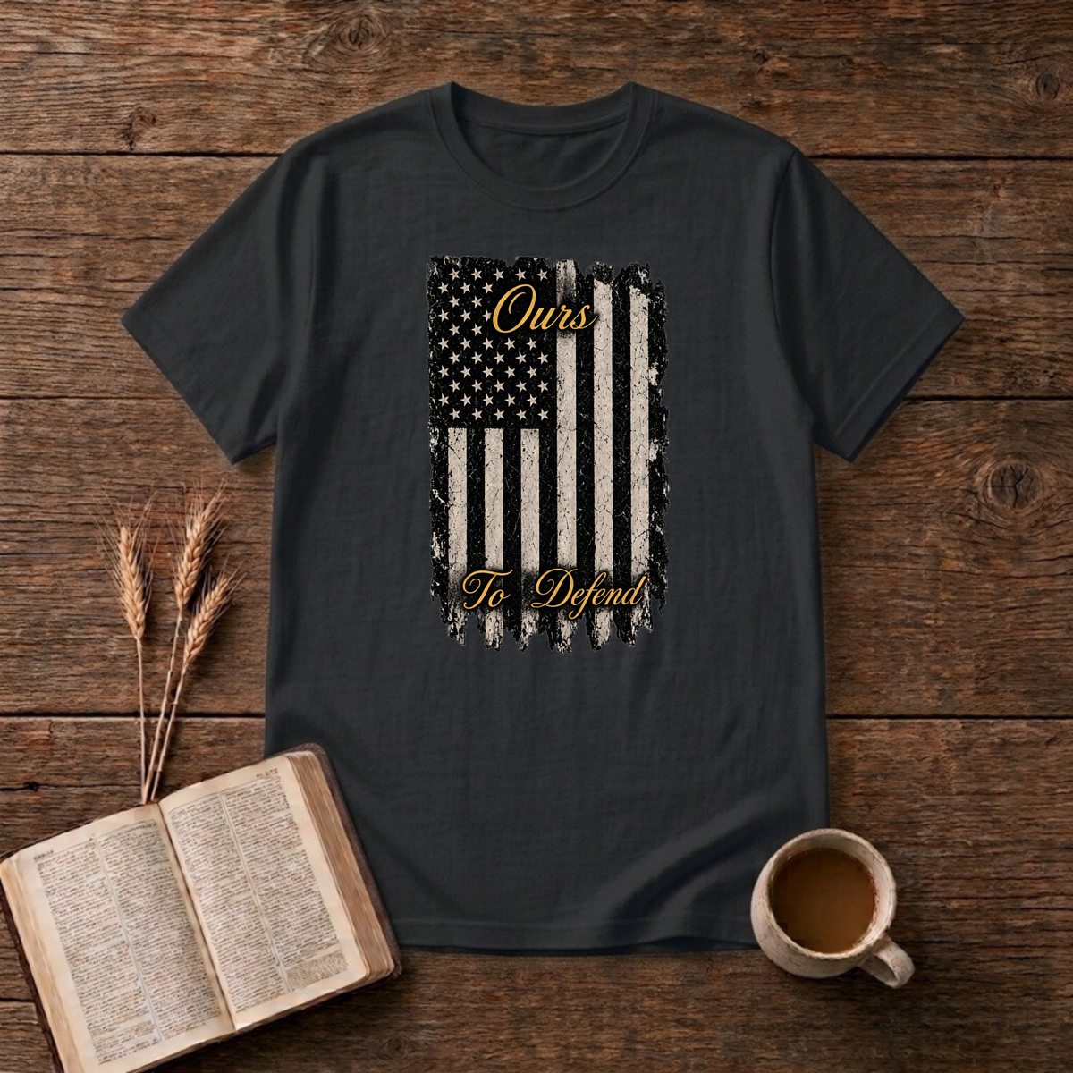 Ours To Defend distressed American flag design on a Black unisex T-Shirt
