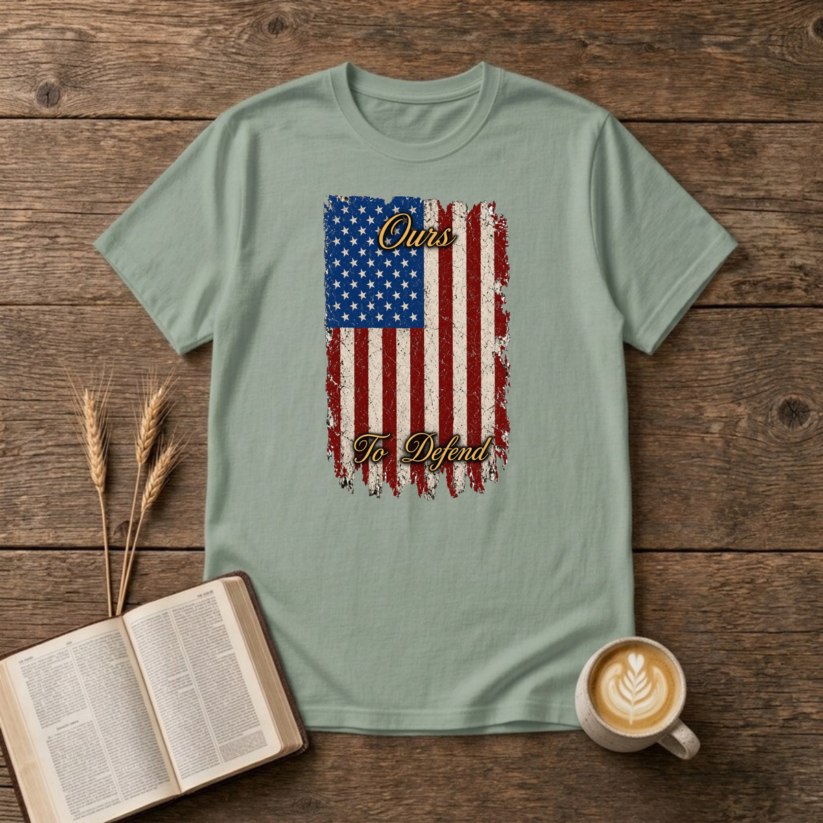 Ours To Defend Distressed Red, White and Blue American Flag T-Shirt, Sage, Lantrum