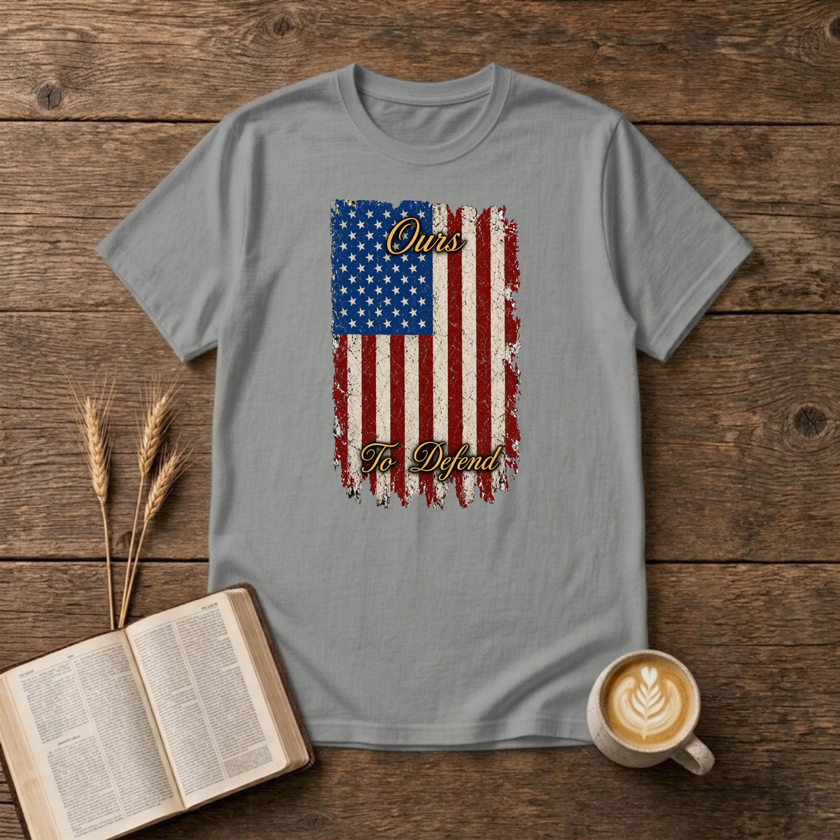 Ours To Defend Distressed Red, White and Blue American Flag T-Shirt, Sport Grey, Lantrum