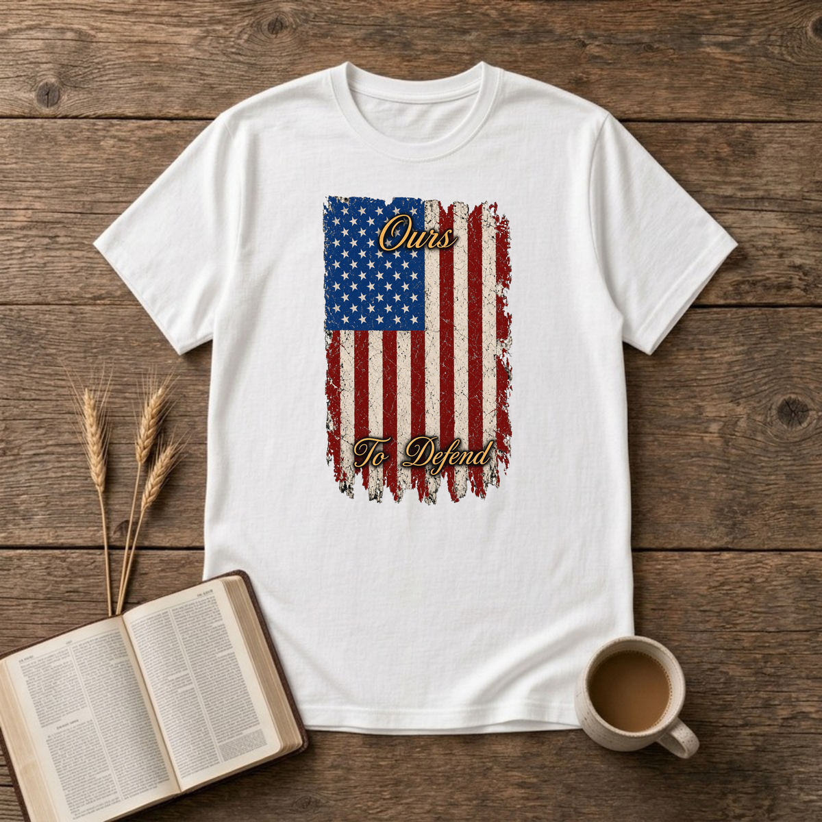 Ours To Defend Distressed Red, White and Blue American Flag T-Shirt, White, Lantrum