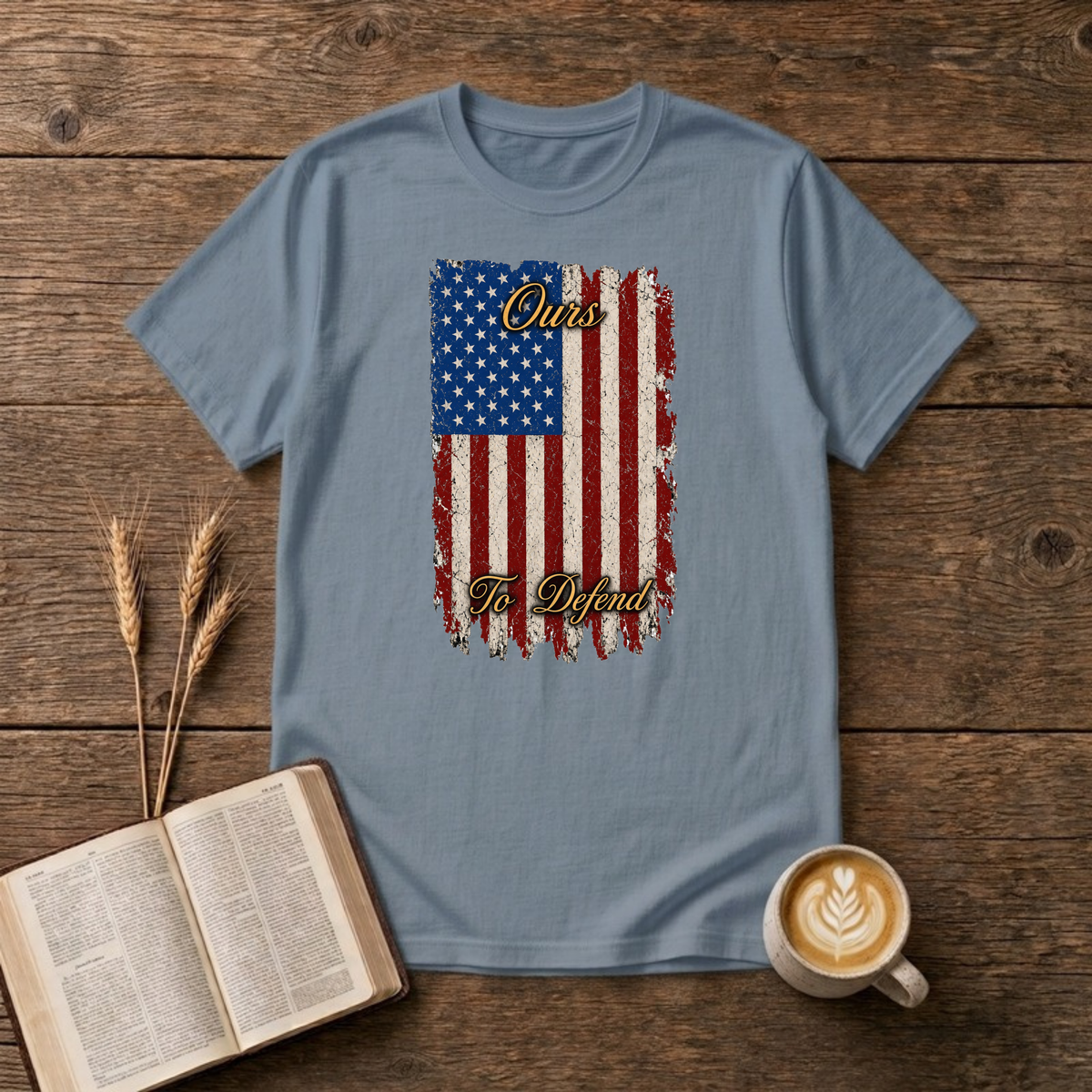 Ours To Defend Distressed Red, White and Blue American Flag T-Shirt, Stone Blue, Lantrum