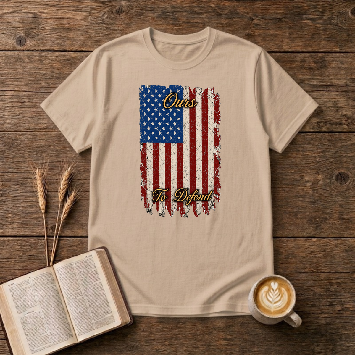 Ours To Defend Distressed Red, White and Blue American Flag T-Shirt, Natural, Lantrum