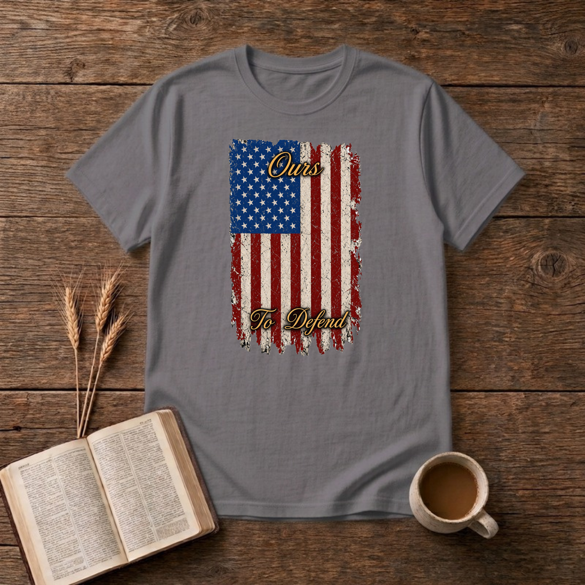 Ours To Defend Distressed Red, White and Blue American Flag T-Shirt, Charcoal, Lantrum