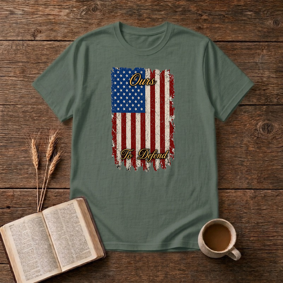 Ours To Defend Distressed Red, White and Blue American Flag T-Shirt, Military Green, Lantrum