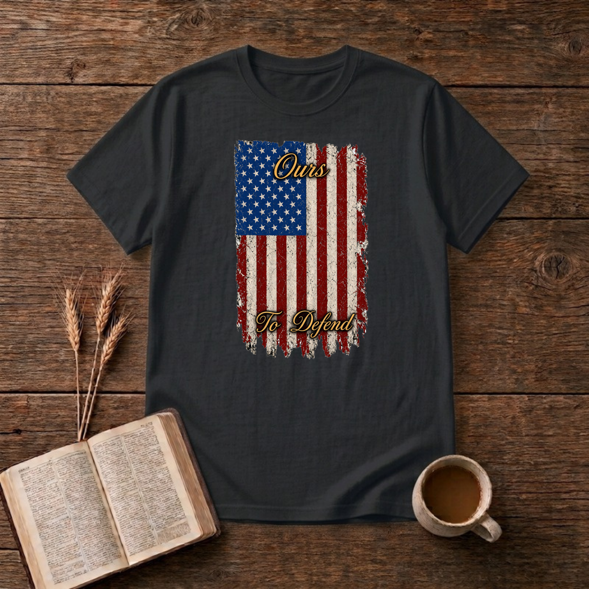 Ours To Defend Distressed Red, White and Blue American Flag T-Shirt, Black, Lantrum