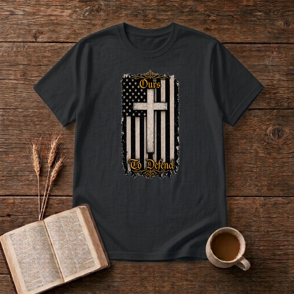 Ours To Defend Distressed Black and White American Flag White Cross T-Shirt, Black, Lantrum
