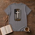 Ours To Defend Distressed Black and White American Flag White Cross T-Shirt, Charcoal, Lantrum