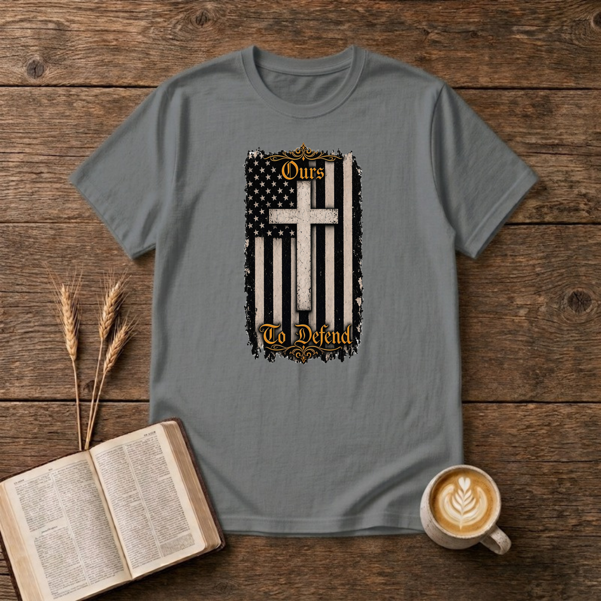 Ours To Defend Distressed Black and White American Flag White Cross T-Shirt, Graphite Heather, Lantrum
