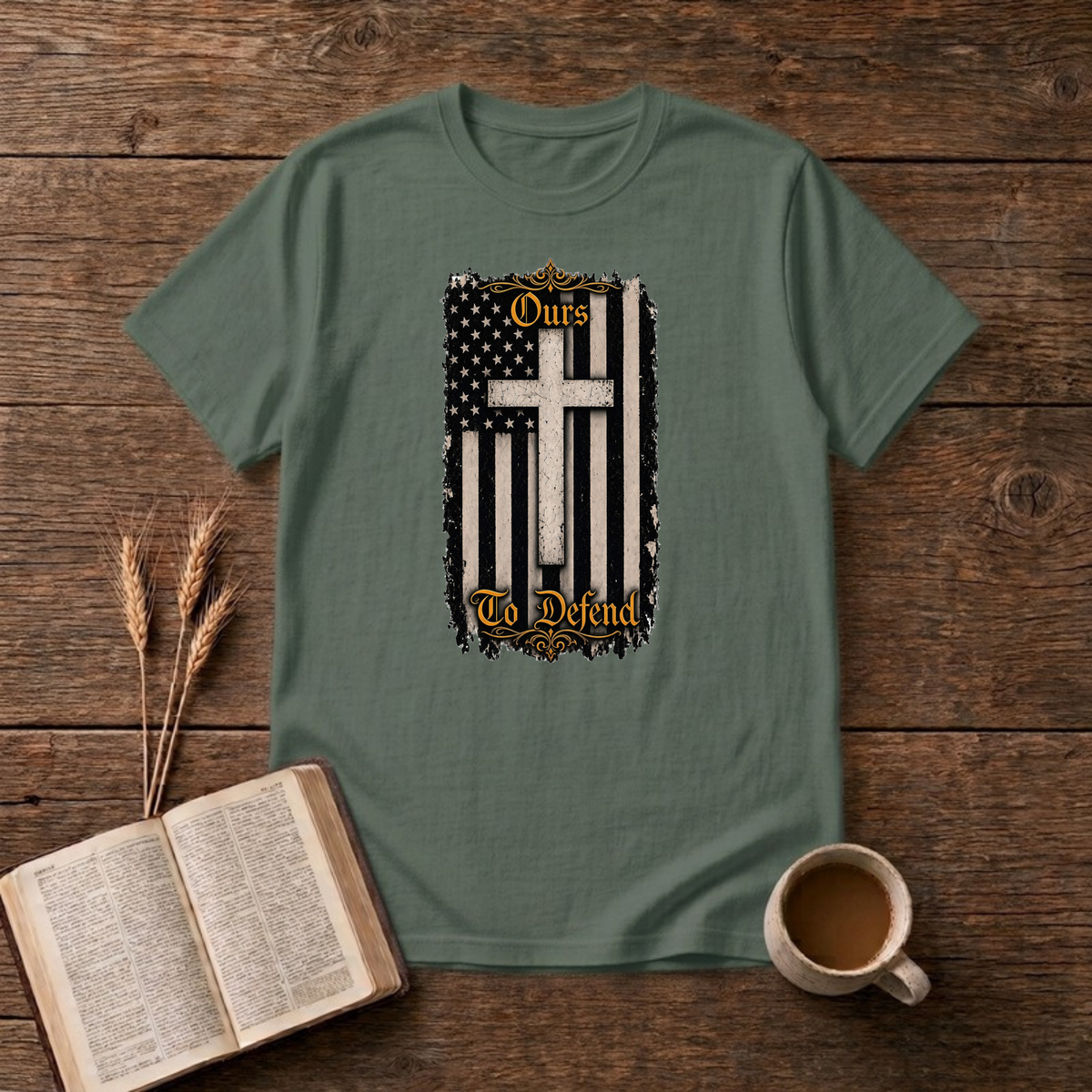 Ours To Defend Distressed Black and White American Flag White Cross T-Shirt, Military Green, Lantrum