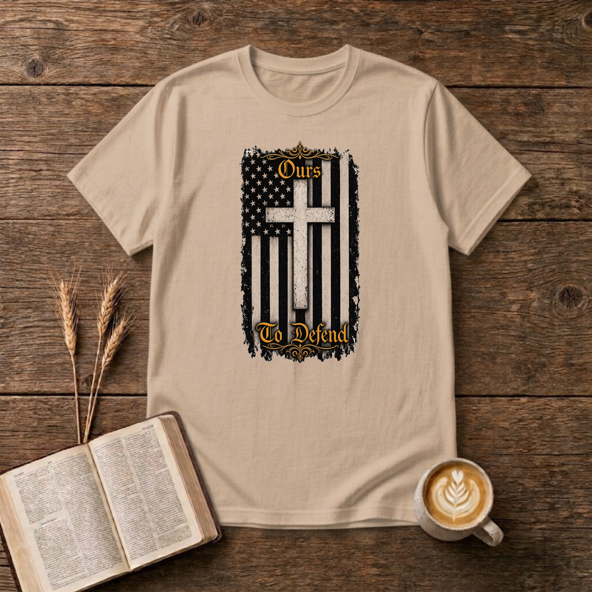 Ours To Defend Distressed Black and White American Flag White Cross T-Shirt, Natural, Lantrum