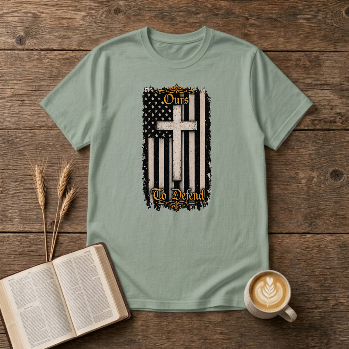 Ours To Defend Distressed Black and White American Flag White Cross T-Shirt, Sage, Lantrum