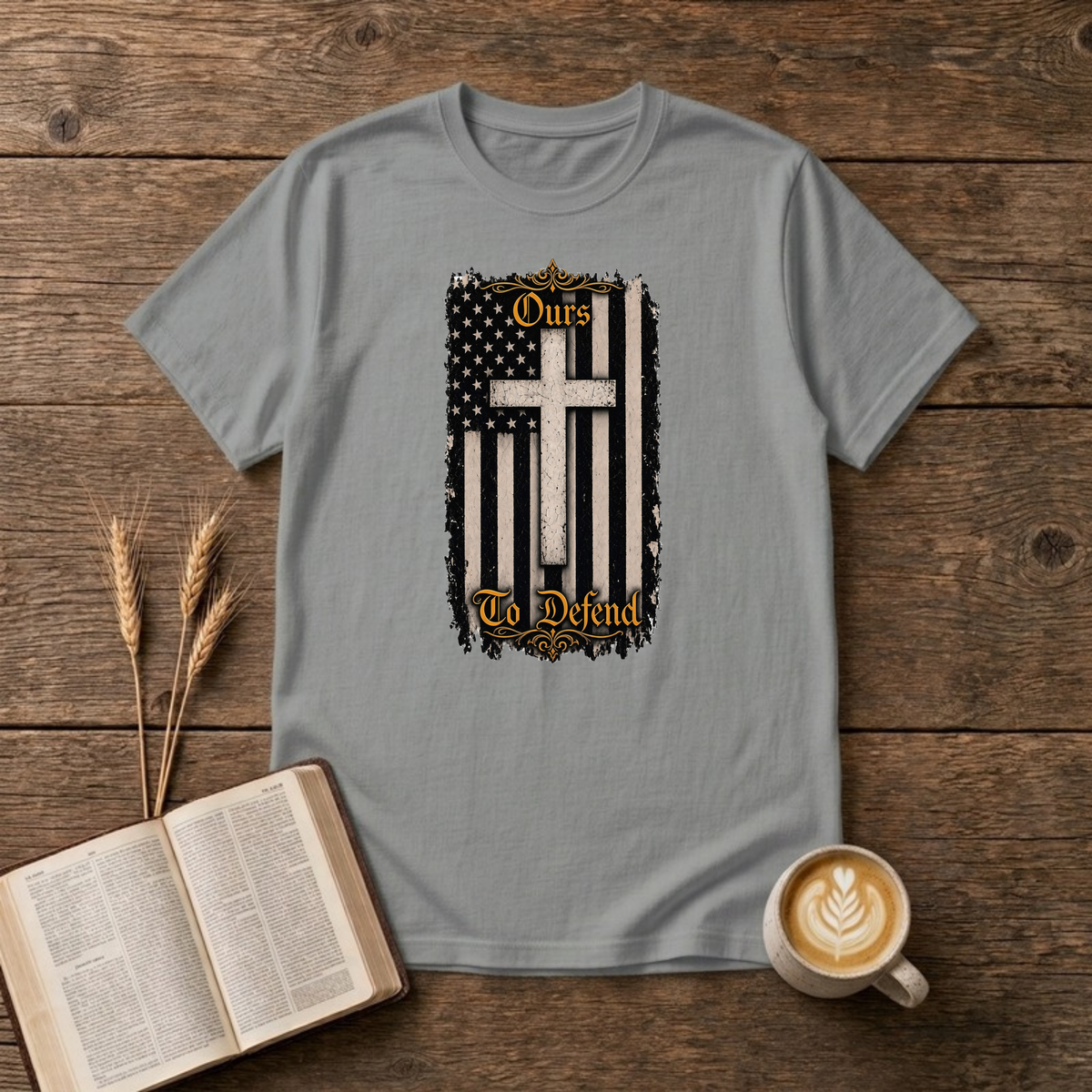 Ours To Defend Distressed Black and White American Flag White Cross T-Shirt, Sport Grey, Lantrum