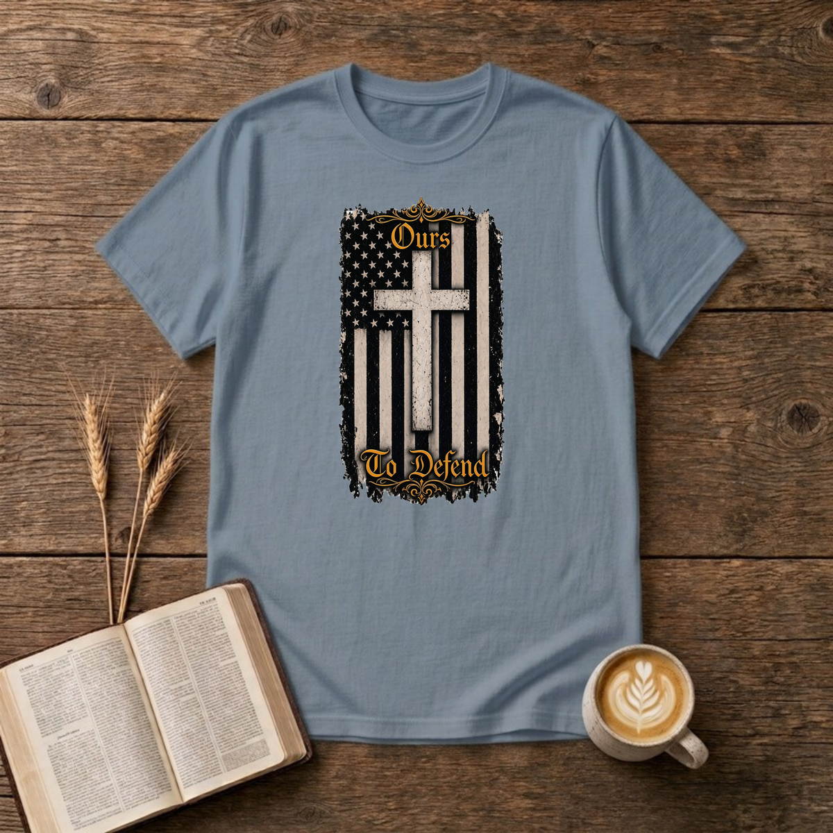 Ours To Defend Distressed Black and White American Flag White Cross T-Shirt, Stone Blue, Lantrum