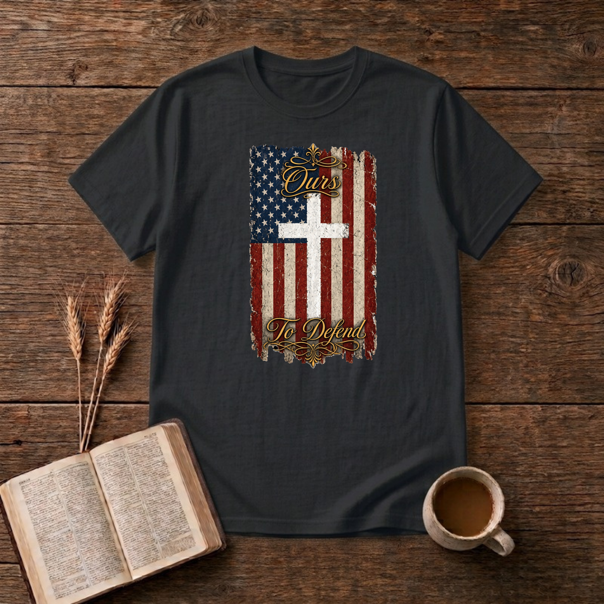 Ours To Defend Distressed Red, White and Blue American Flag White Cross T-Shirt, Black, Lantrum