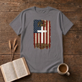 Ours To Defend Distressed Red, White and Blue American Flag White Cross T-Shirt, Charcoal, Lantrum