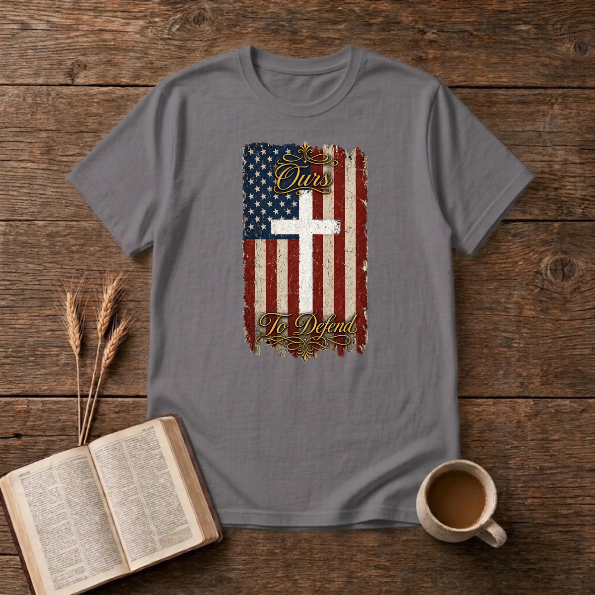 Ours To Defend Distressed Red, White and Blue American Flag White Cross T-Shirt, Charcoal, Lantrum