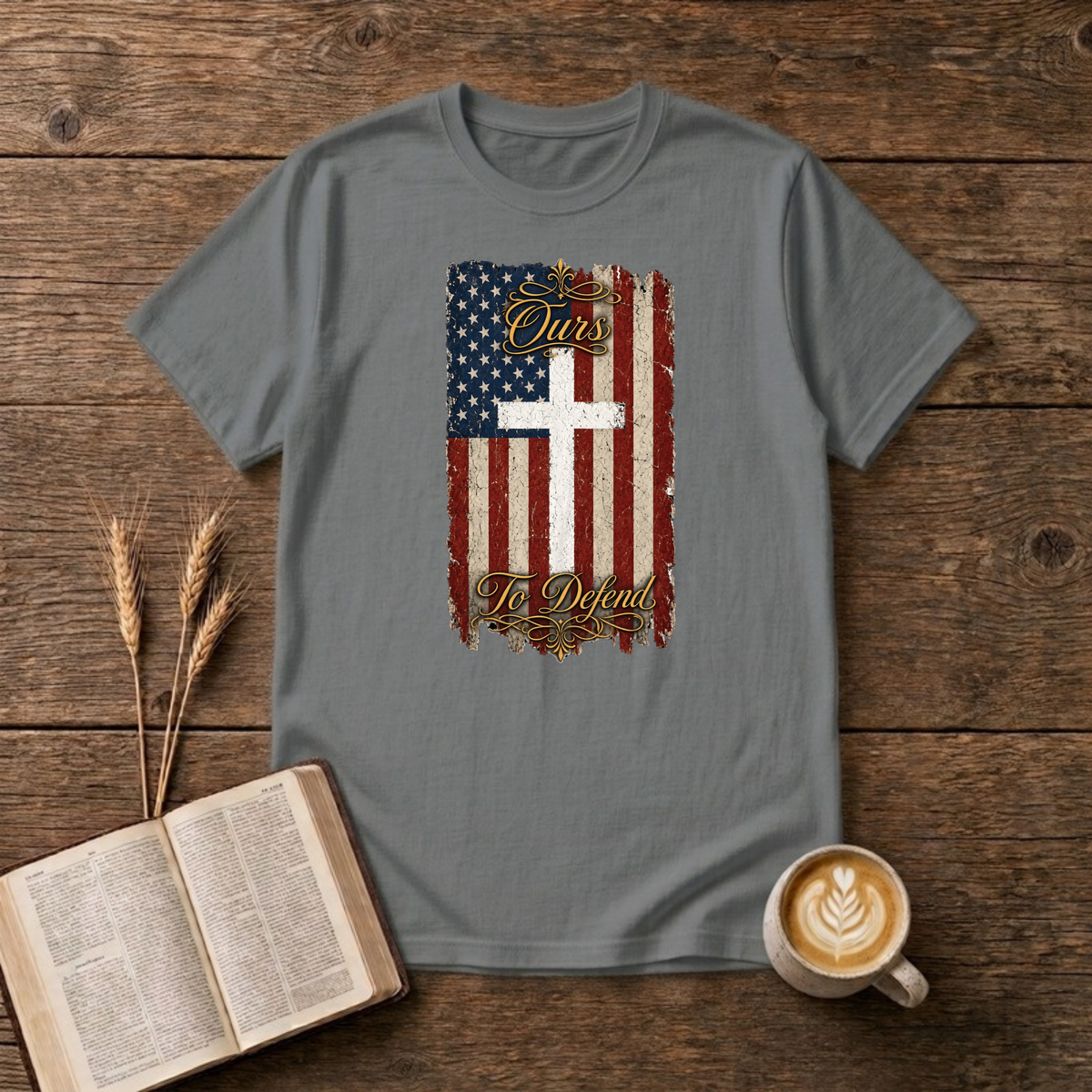 Ours To Defend Distressed Red, White and Blue American Flag White Cross T-Shirt, Graphite Heather, Lantrum