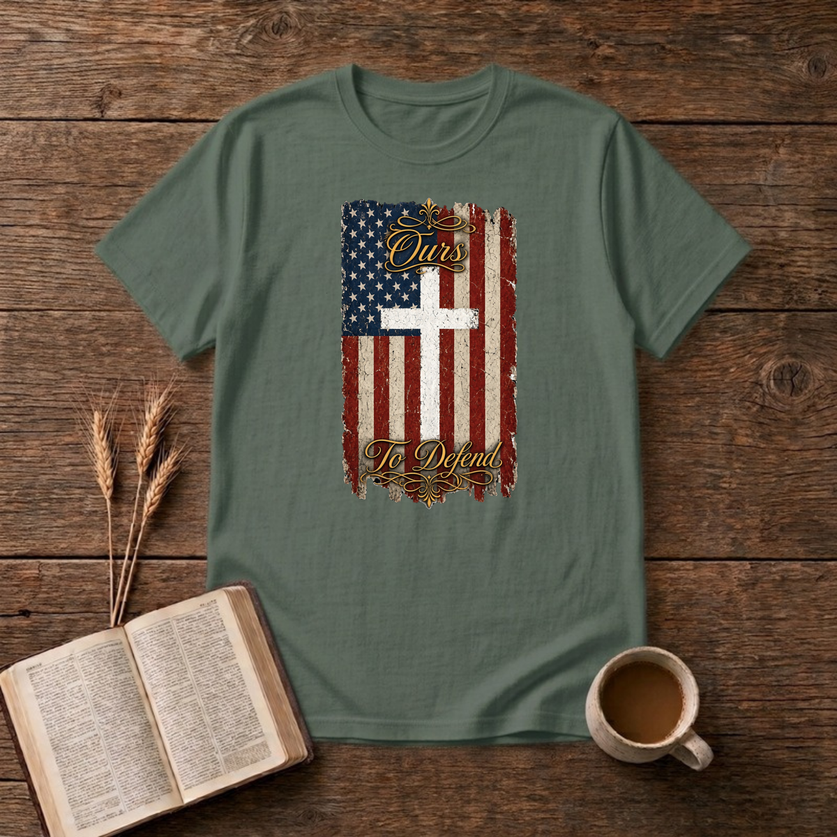 Ours To Defend Distressed Red, White and Blue American Flag White Cross T-Shirt, Military Green, Lantrum