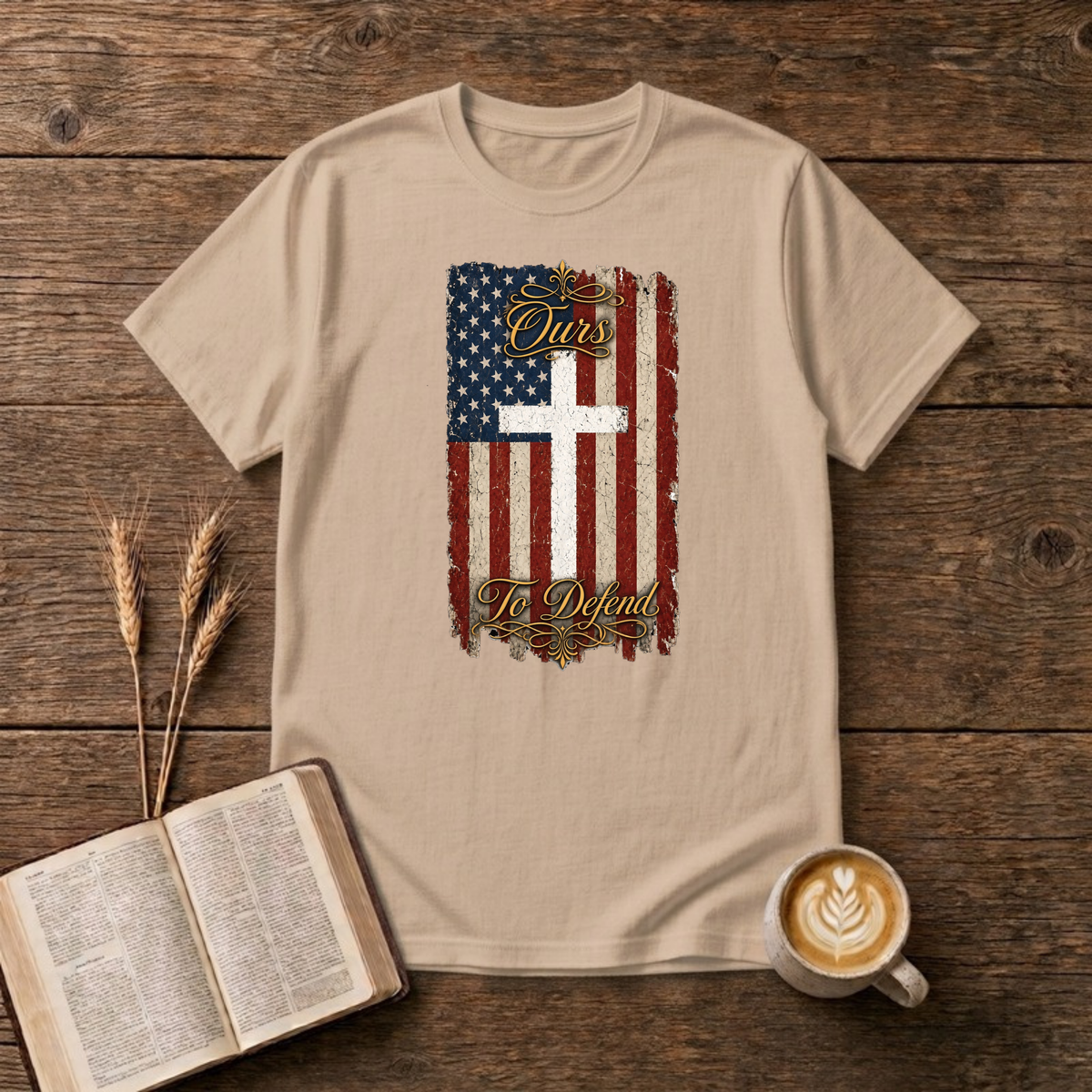 Ours To Defend Distressed Red, White and Blue American Flag White Cross T-Shirt, Natural, Lantrum