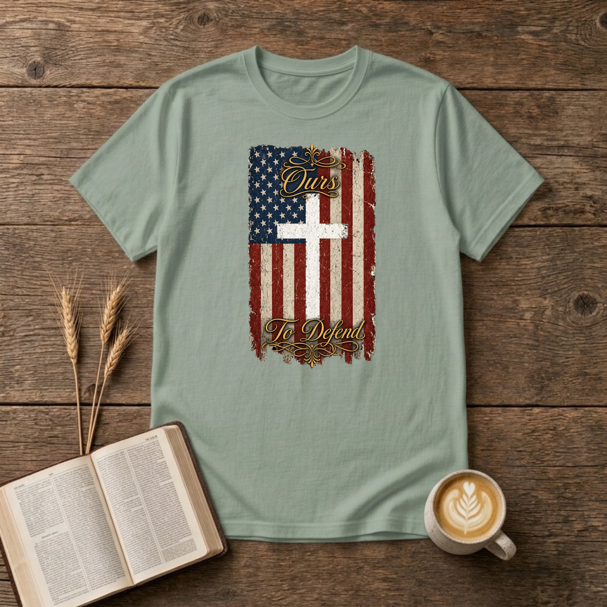 Ours To Defend Distressed Red, White and Blue American Flag White Cross T-Shirt, Sage, Lantrum