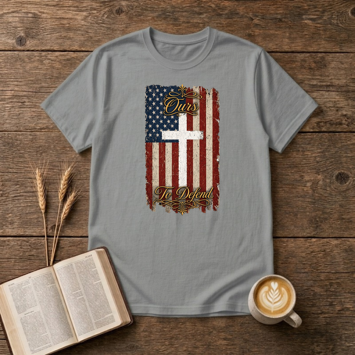Ours To Defend Distressed Red, White and Blue American Flag White Cross T-Shirt, Sport Grey, Lantrum