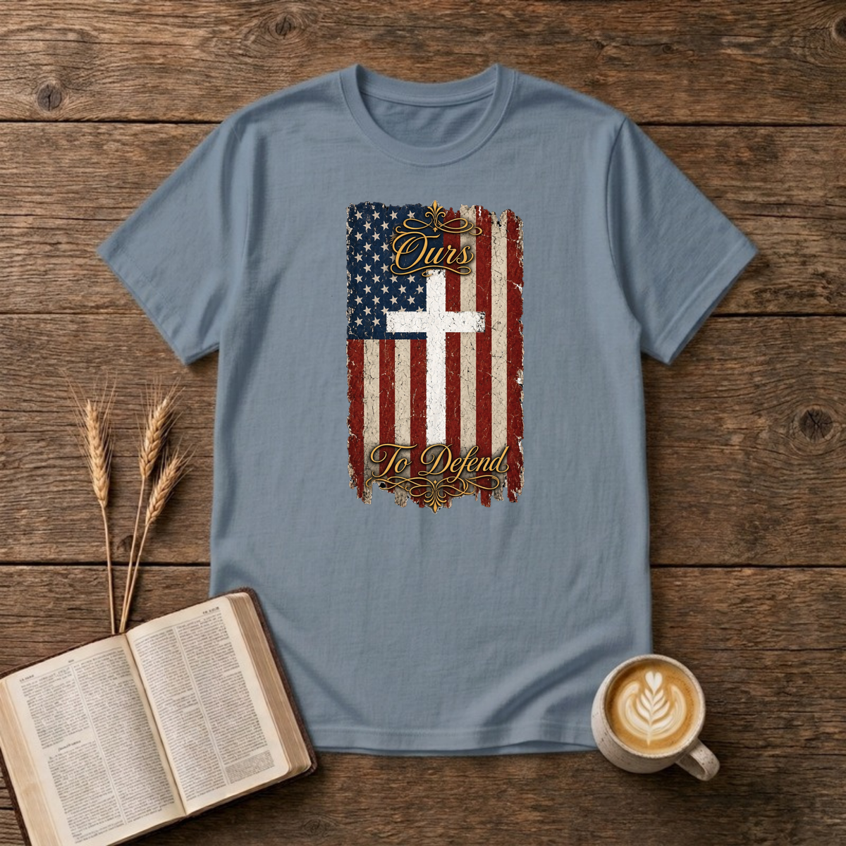 Ours To Defend Distressed Red, White and Blue American Flag White Cross T-Shirt, Stone Blue, Lantrum