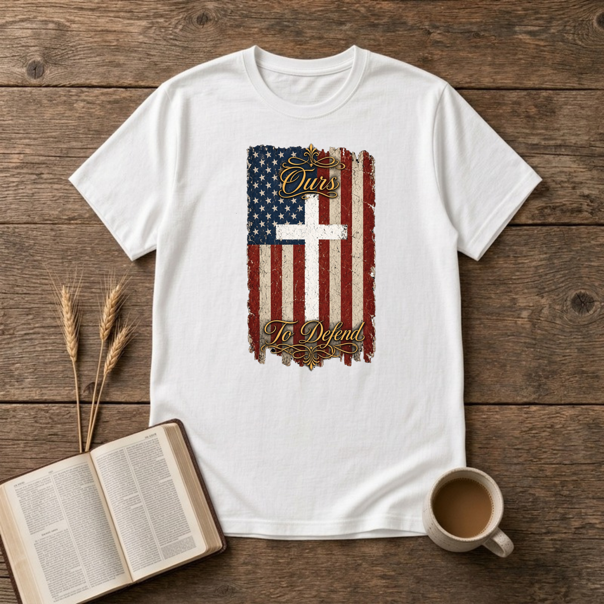 Ours To Defend Distressed Red, White and Blue American Flag White Cross T-Shirt, White, Lantrum