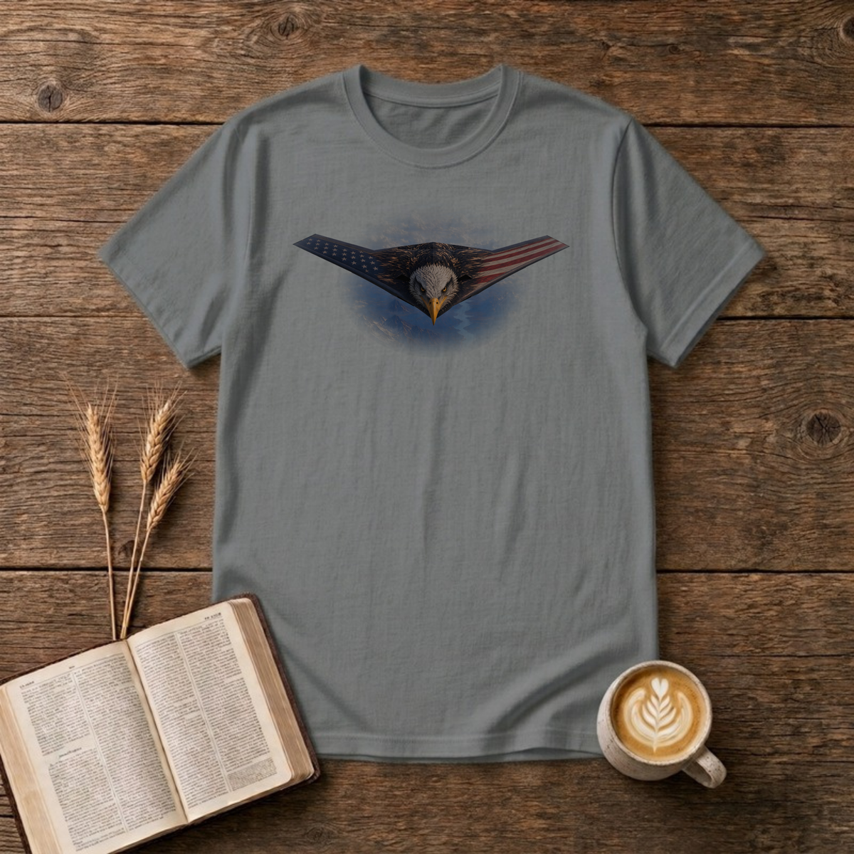 Owns The Sky T-Shirt in Graphite Heather, front view, stealth flying wing with bald eagle and flag overlay graphic