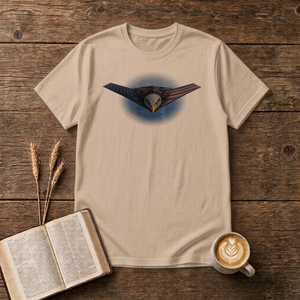 Owns The Sky T-Shirt in Natural, front view, stealth flying wing with bald eagle and flag overlay graphic