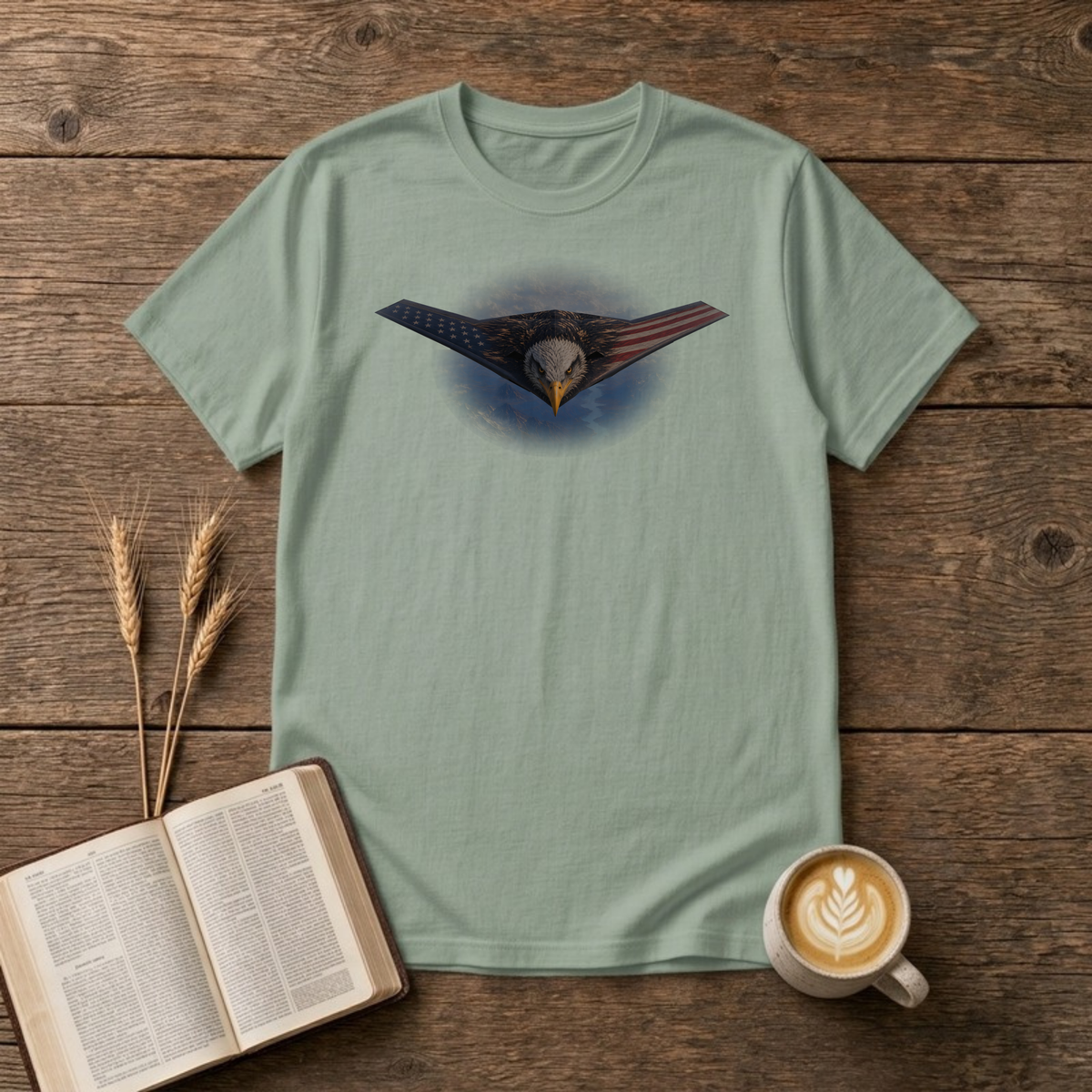 Owns The Sky T-Shirt in Sage, front view, stealth flying wing with bald eagle and flag overlay graphic