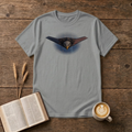Owns The Sky T-Shirt in Sport Grey, front view, stealth flying wing with bald eagle and flag overlay graphic