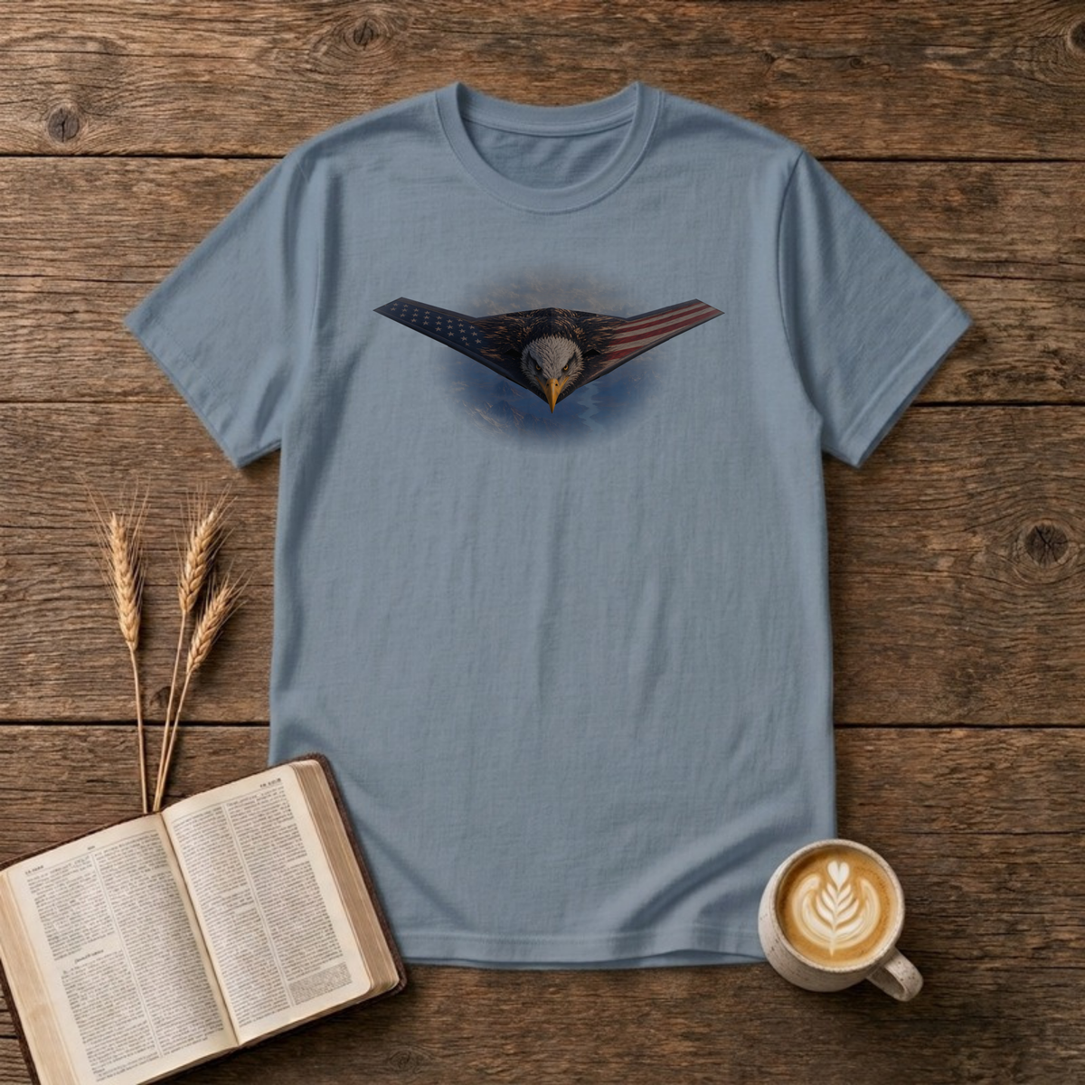 Owns The Sky T-Shirt in Stone Blue, front view, stealth flying wing with bald eagle and flag overlay graphic
