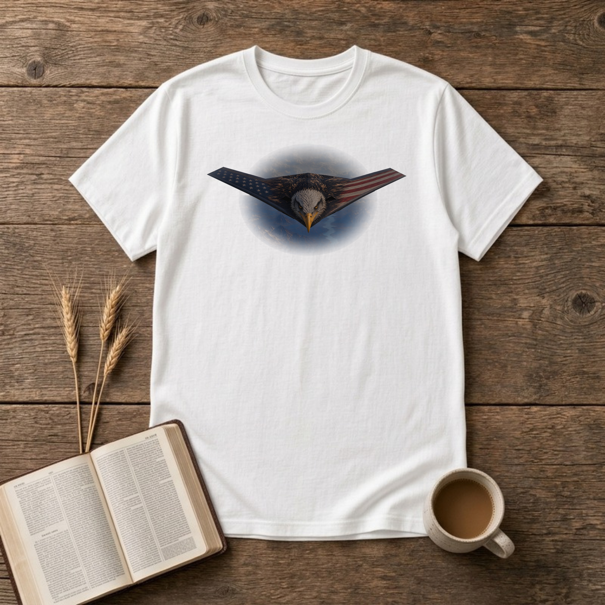 Owns The Sky T-Shirt in White, front view, stealth flying wing with bald eagle and flag overlay graphic