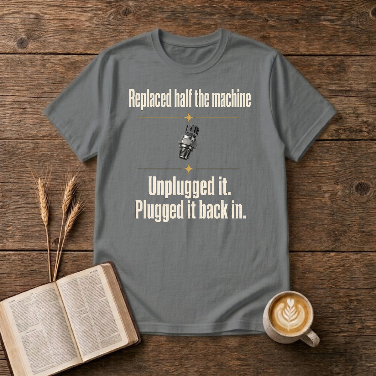 Replaced Half The Machine Funny Mechanic T-Shirt, Graphite Heather, Lantrum