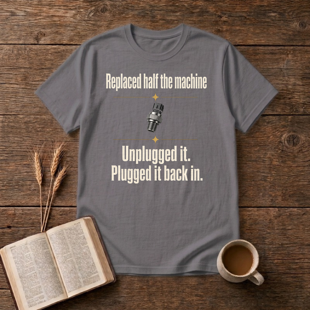 Replaced Half The Machine Funny Mechanic T-Shirt, Charcoal, Lantrum