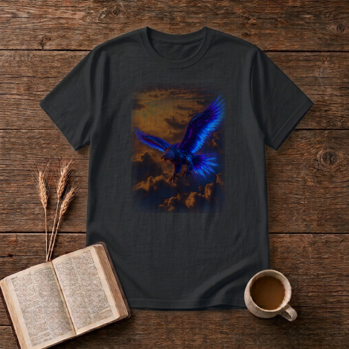 Sunset Eagle T-Shirt in Black, front view, blue-winged eagle sweeping through fiery orange sunset clouds graphic