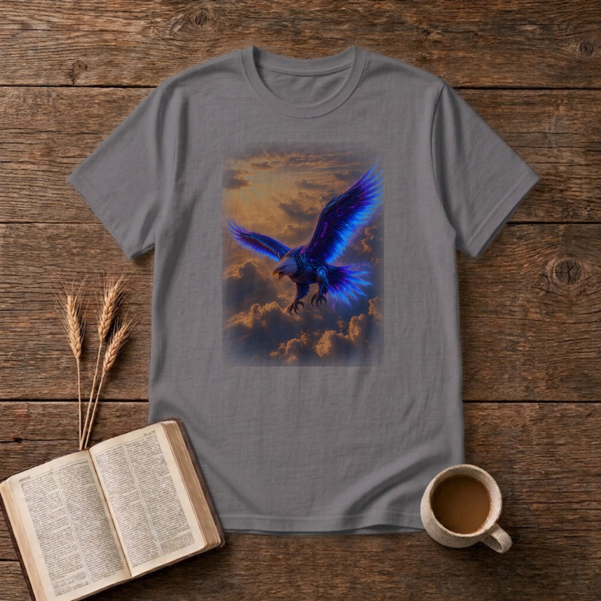 Sunset Eagle T-Shirt in Charcoal, front view, blue-winged eagle sweeping through fiery orange sunset clouds graphic