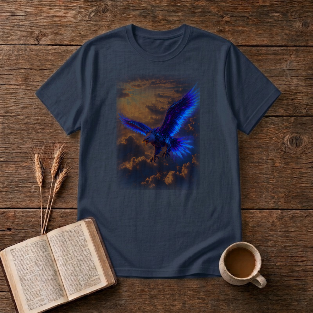 Sunset Eagle T-Shirt in Navy, front view, blue-winged eagle sweeping through fiery orange sunset clouds graphic