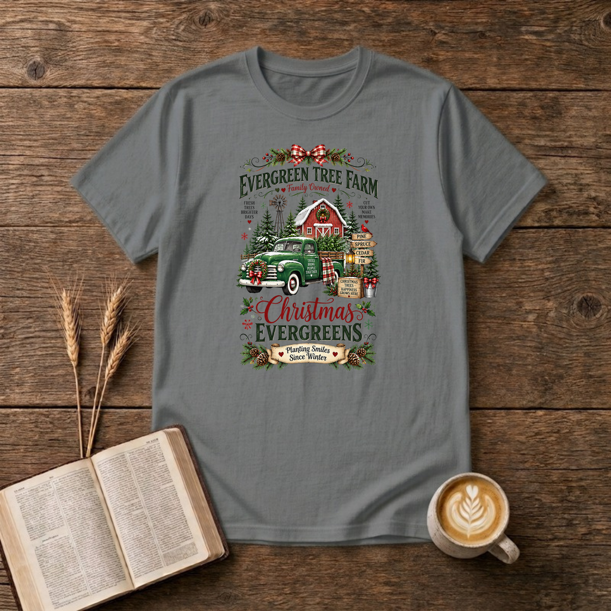 Christmas Evergreens Tree Farm T-Shirt in Graphite Heather, vintage tree farm sign with red barn and green pickup Christmas graphic