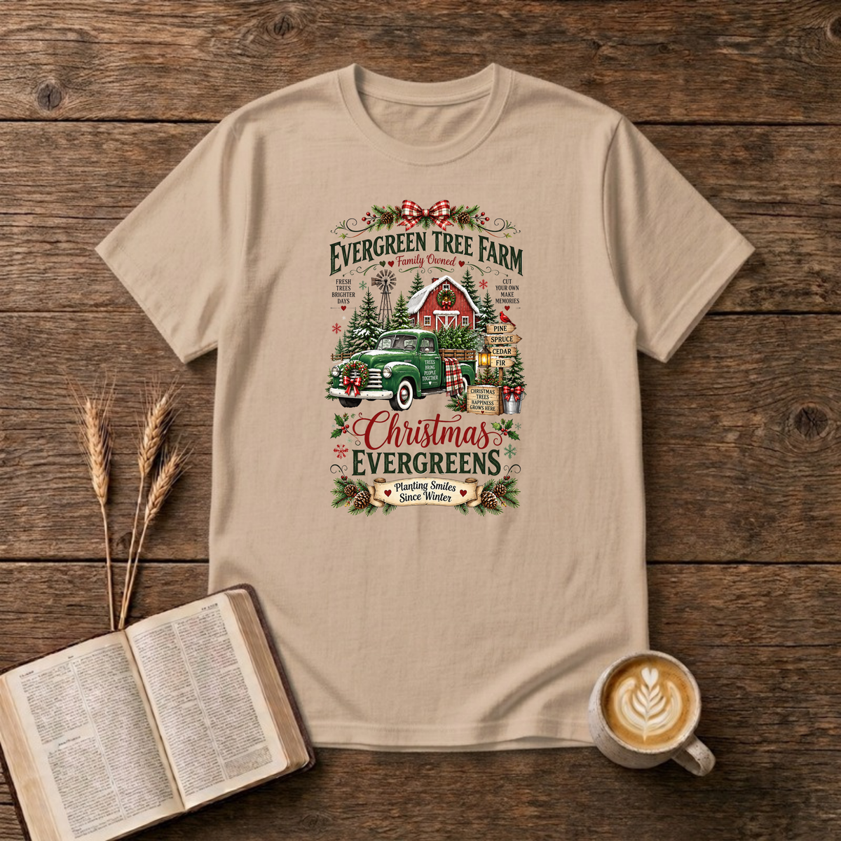 Christmas Evergreens Tree Farm T-Shirt in Natural, vintage tree farm sign with red barn and green pickup Christmas graphic