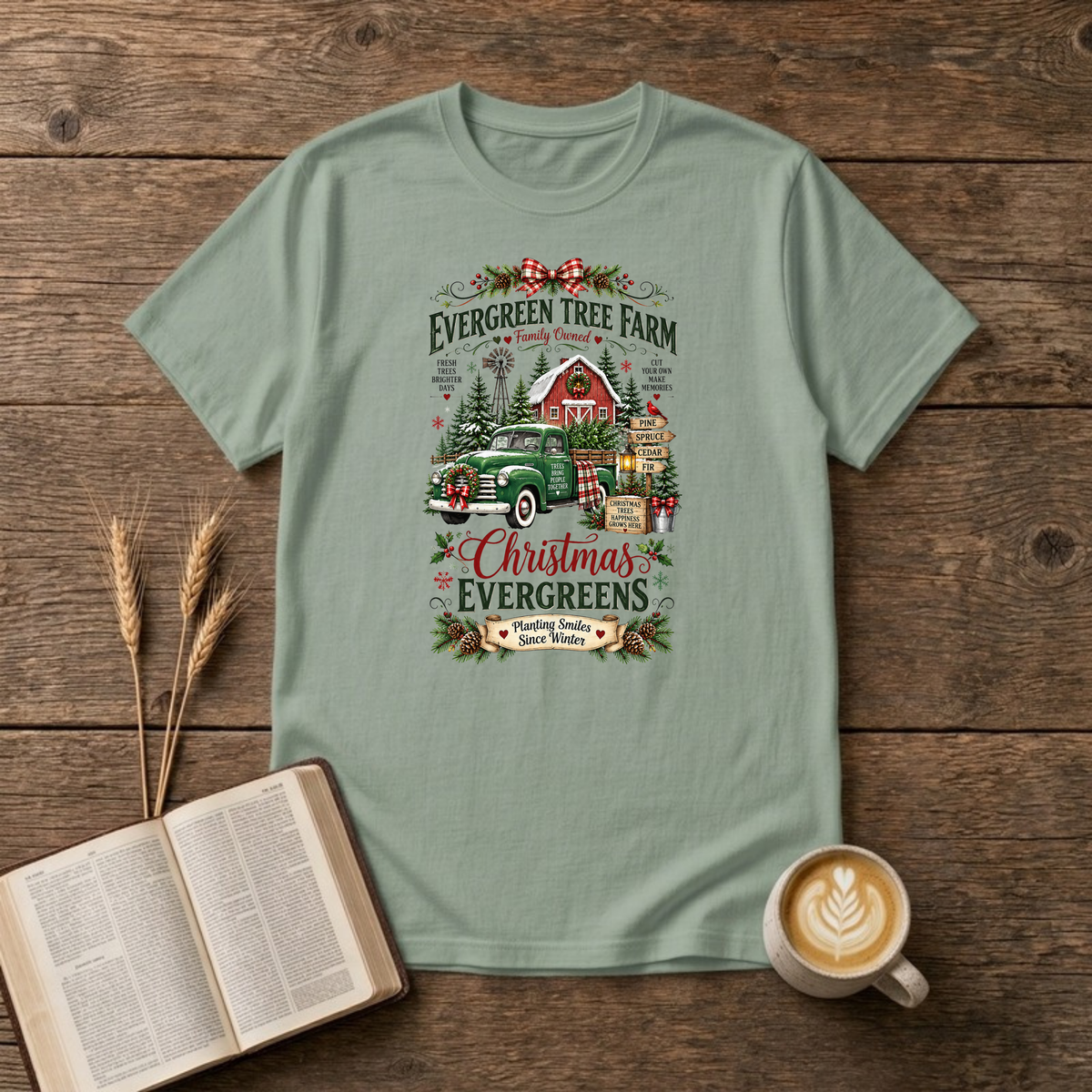 Christmas Evergreens Tree Farm T-Shirt in Sage, vintage tree farm sign with red barn and green pickup Christmas graphic