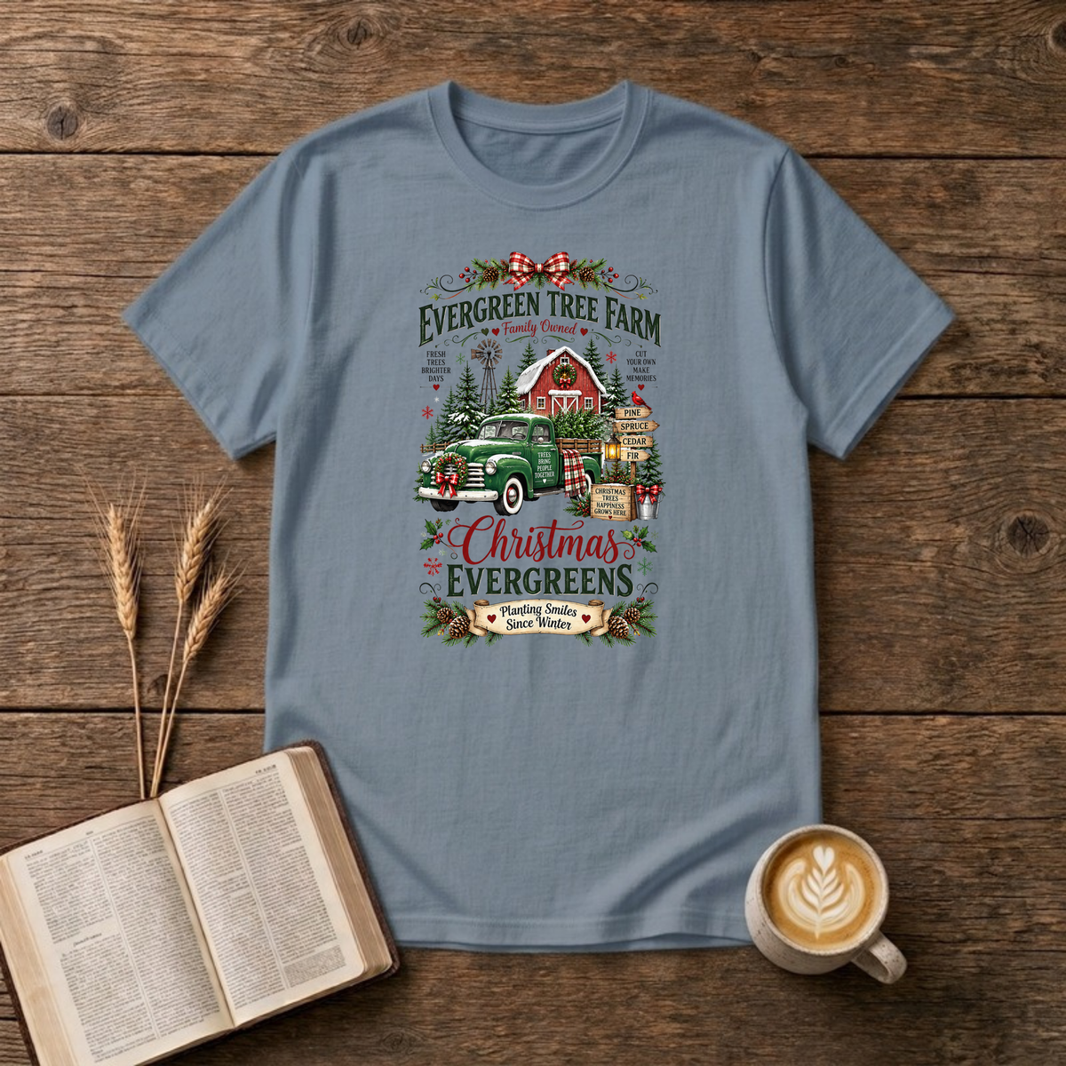 Christmas Evergreens Tree Farm T-Shirt in Stone Blue, vintage tree farm sign with red barn and green pickup Christmas graphic