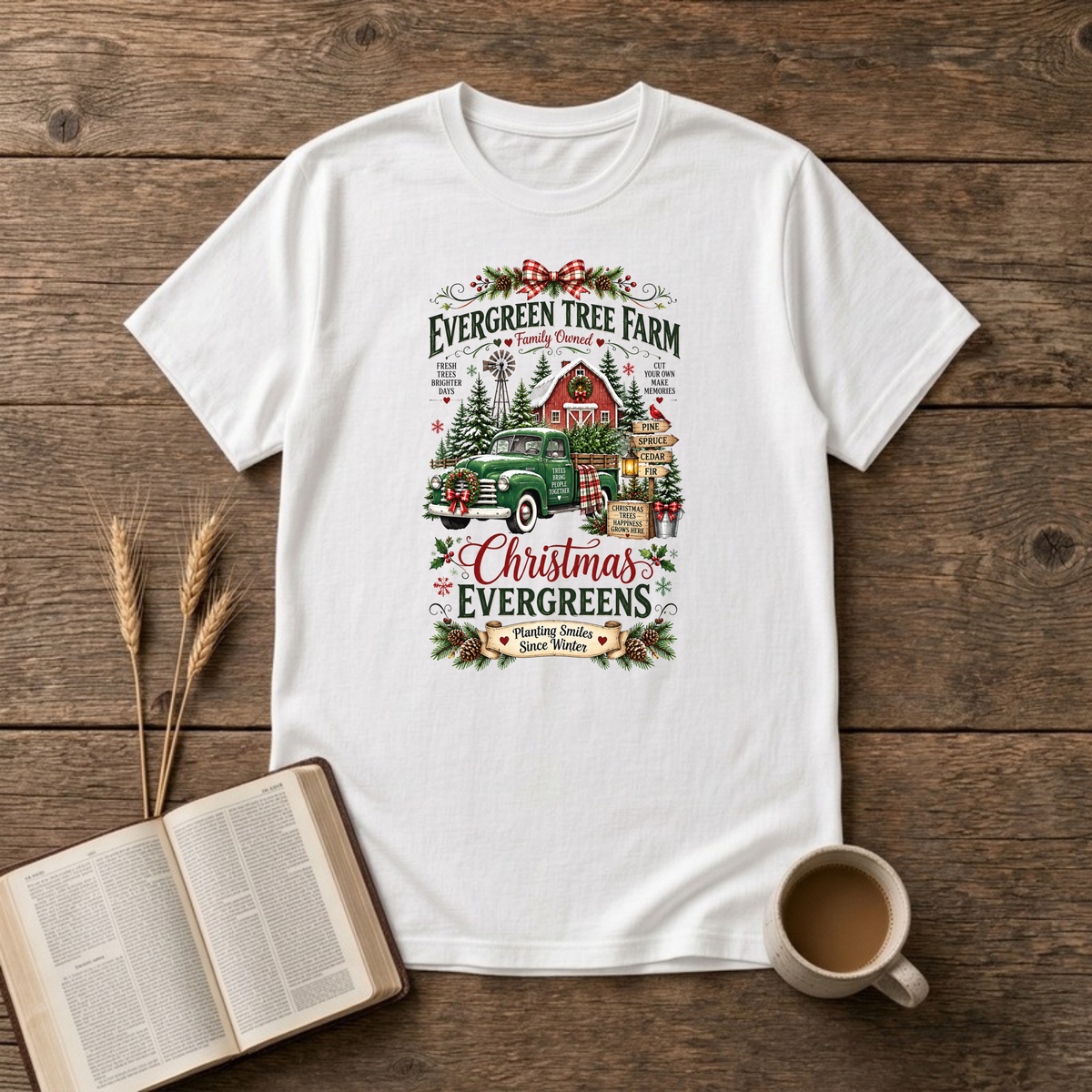 Christmas Evergreens Tree Farm T-Shirt in White, vintage tree farm sign with red barn and green pickup Christmas graphic