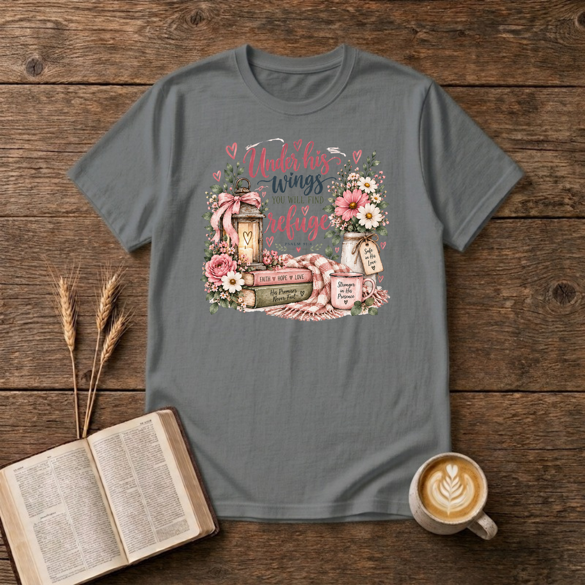 Under His Wings T-Shirt in Graphite Heather, Psalm 91:4 pink script with roses, lantern and books faith graphic