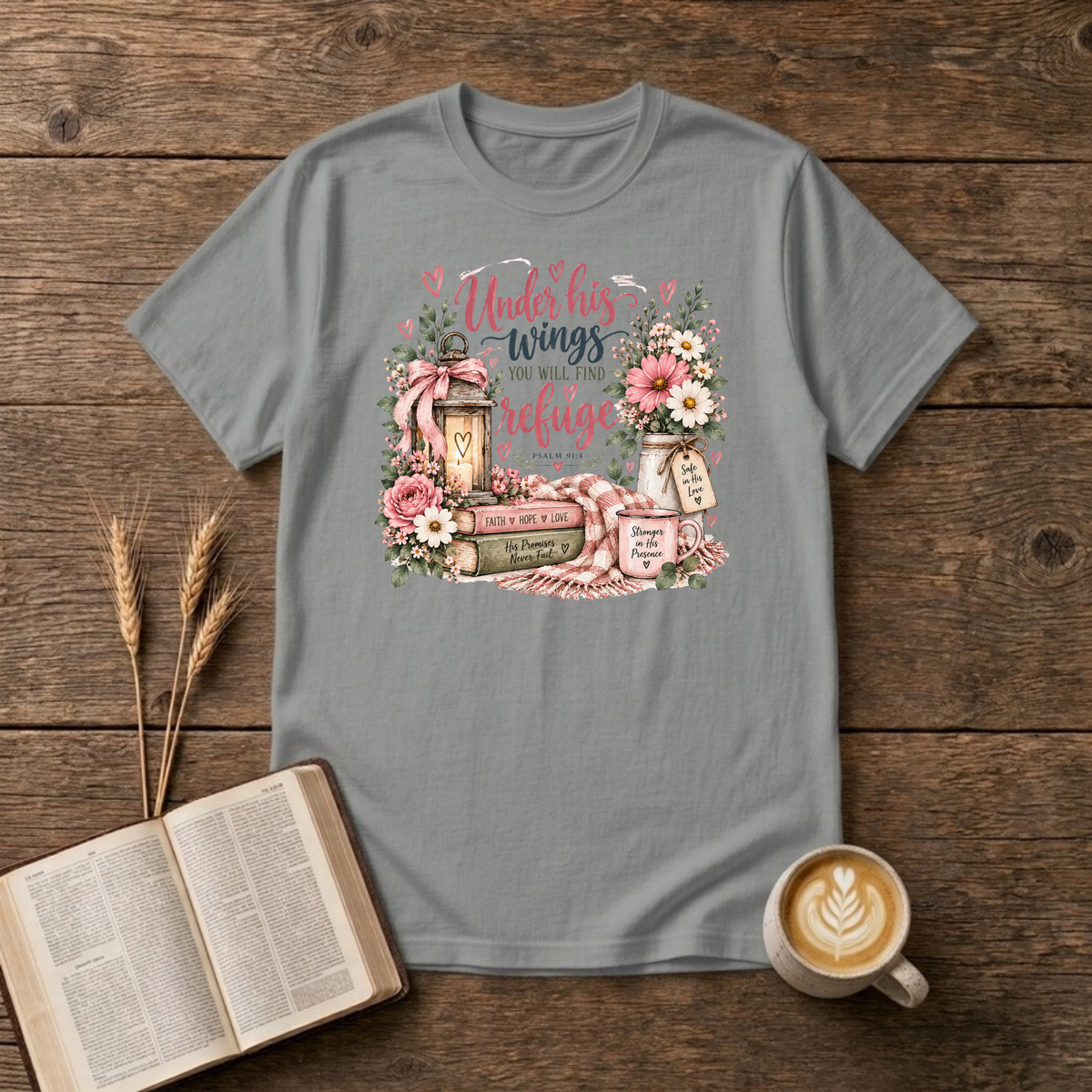 Under His Wings T-Shirt in Sport Grey, Psalm 91:4 pink script with roses, lantern and books faith graphic